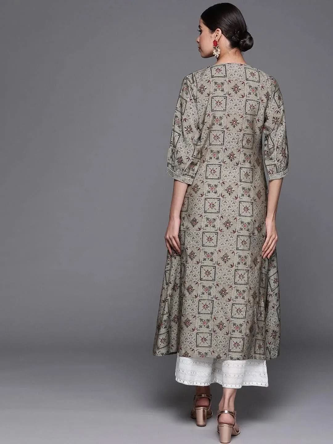 Grey Printed Chanderi Silk Kurta - Libas