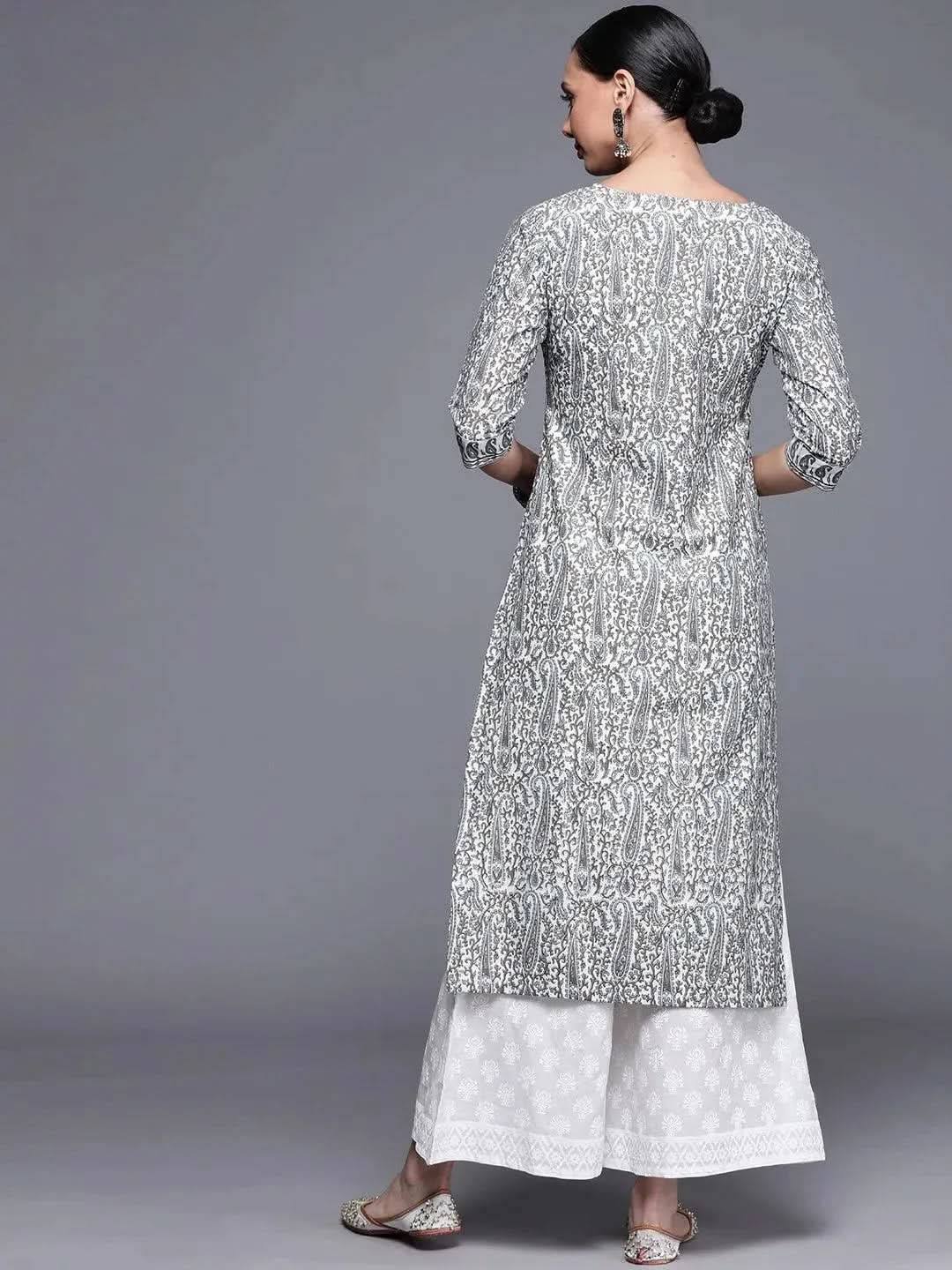 Grey Printed Chanderi Silk Kurta - Libas