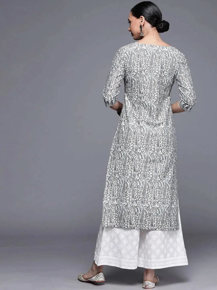 Grey Printed Chanderi Silk Kurta - Libas
