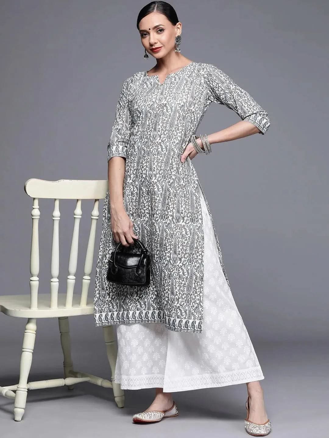 Grey Printed Chanderi Silk Kurta - Libas