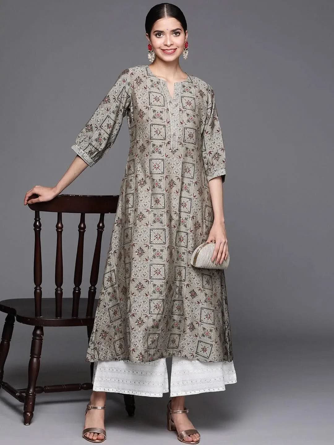 Grey Printed Chanderi Silk Kurta - Libas
