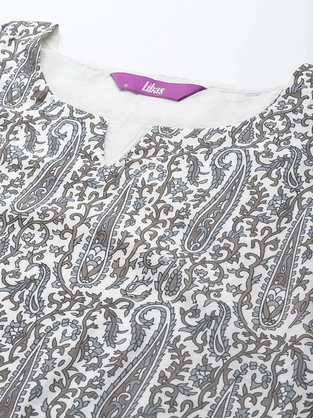 Grey Printed Chanderi Silk Kurta - Libas