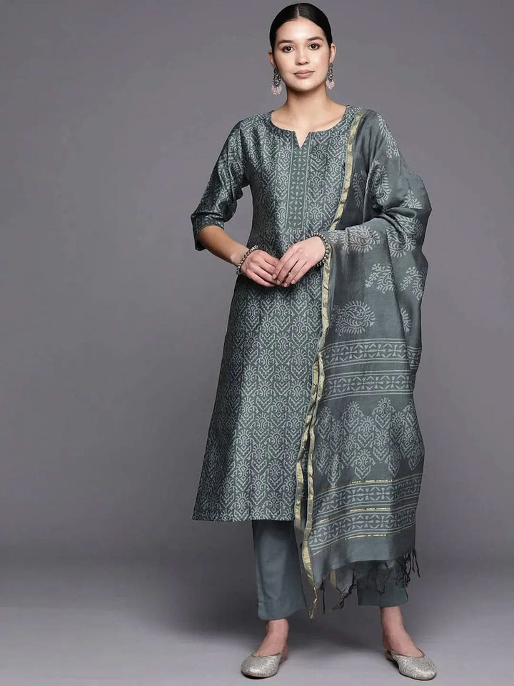 Grey Printed Chanderi Silk Straight Suit Set With Trousers - Libas