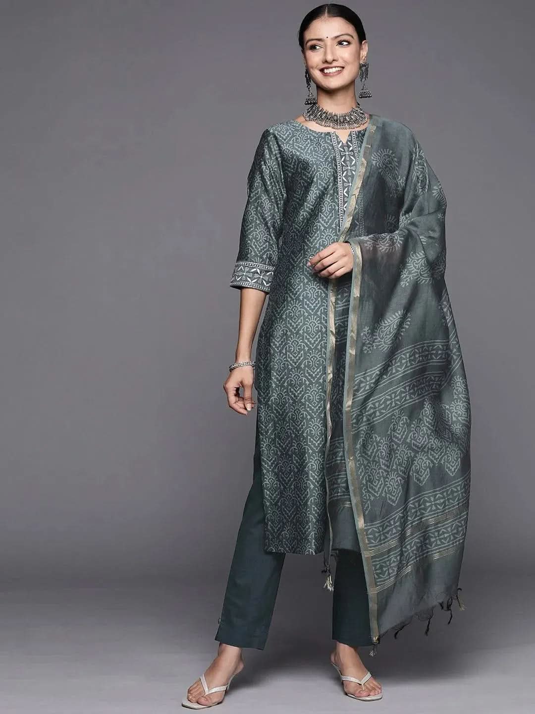 Grey Printed Chanderi Silk Straight Suit Set - Libas