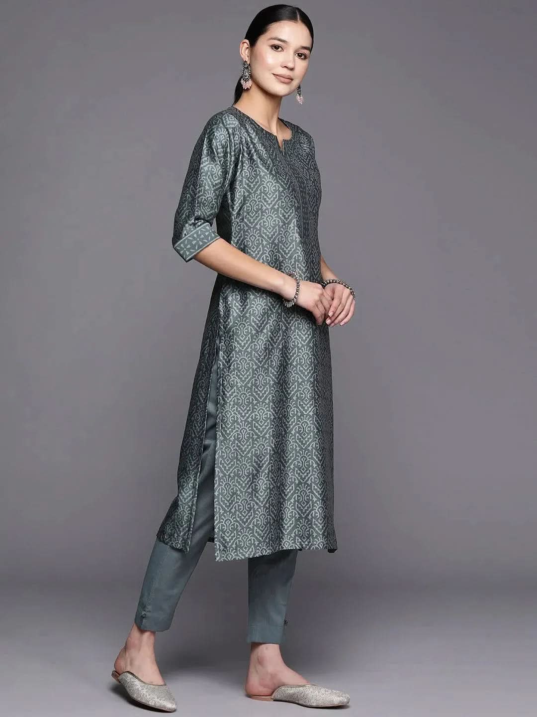 Grey Printed Chanderi Silk Straight Suit Set With Trousers - Libas