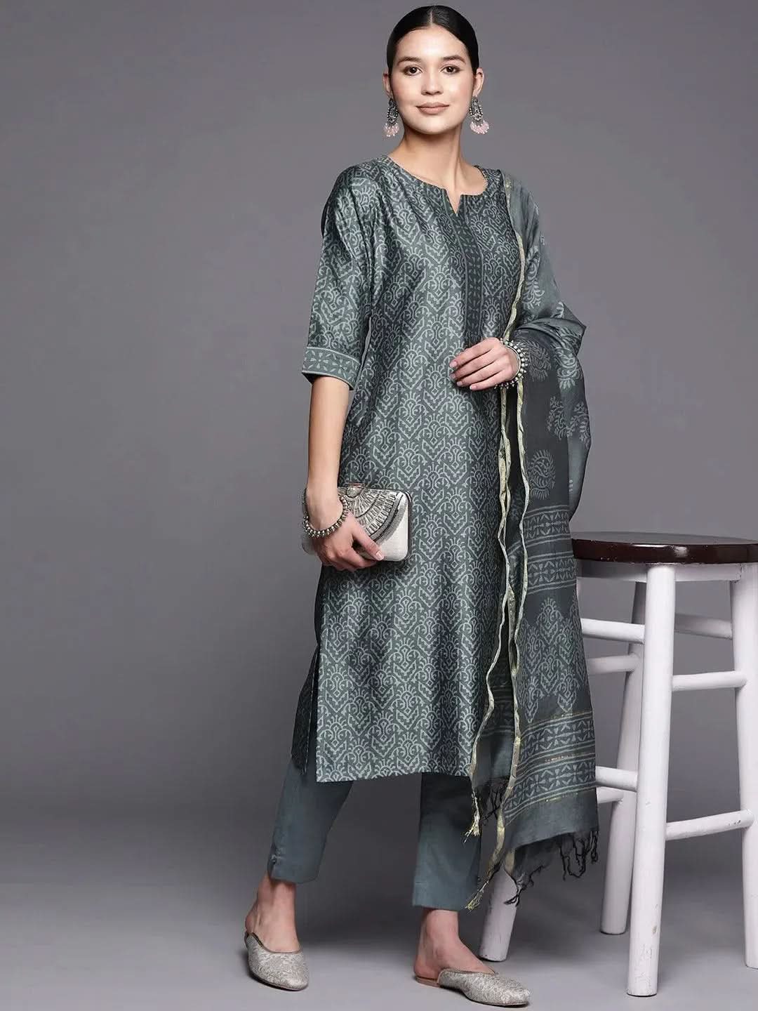 Grey Printed Chanderi Silk Straight Suit Set With Trousers - Libas