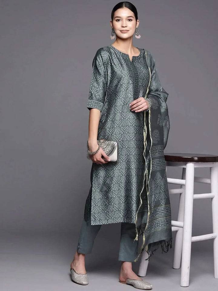 Grey Printed Chanderi Silk Straight Suit Set With Trousers - Libas