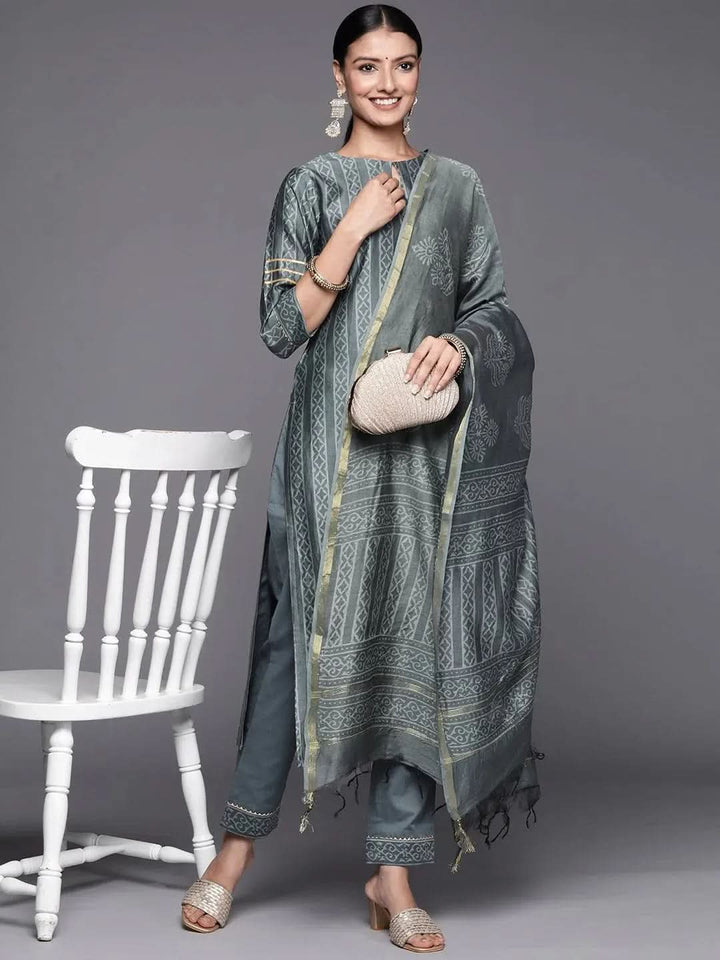 Grey Printed Chanderi Silk Straight Suit Set - Libas