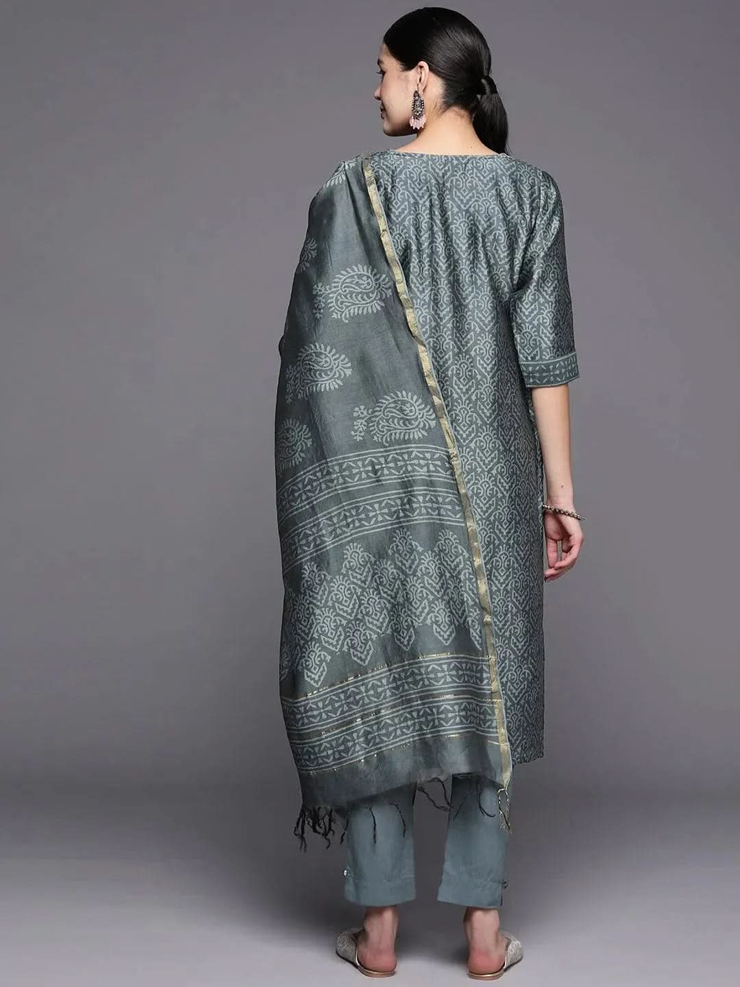 Grey Printed Chanderi Silk Straight Suit Set With Trousers - Libas
