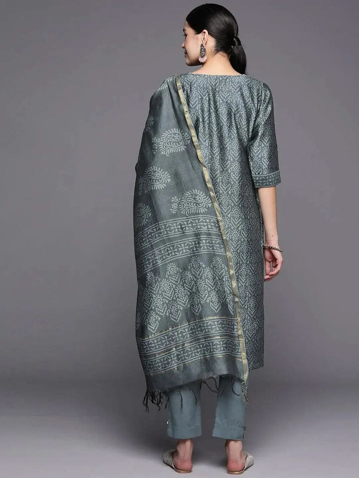Grey Printed Chanderi Silk Straight Suit Set With Trousers - Libas