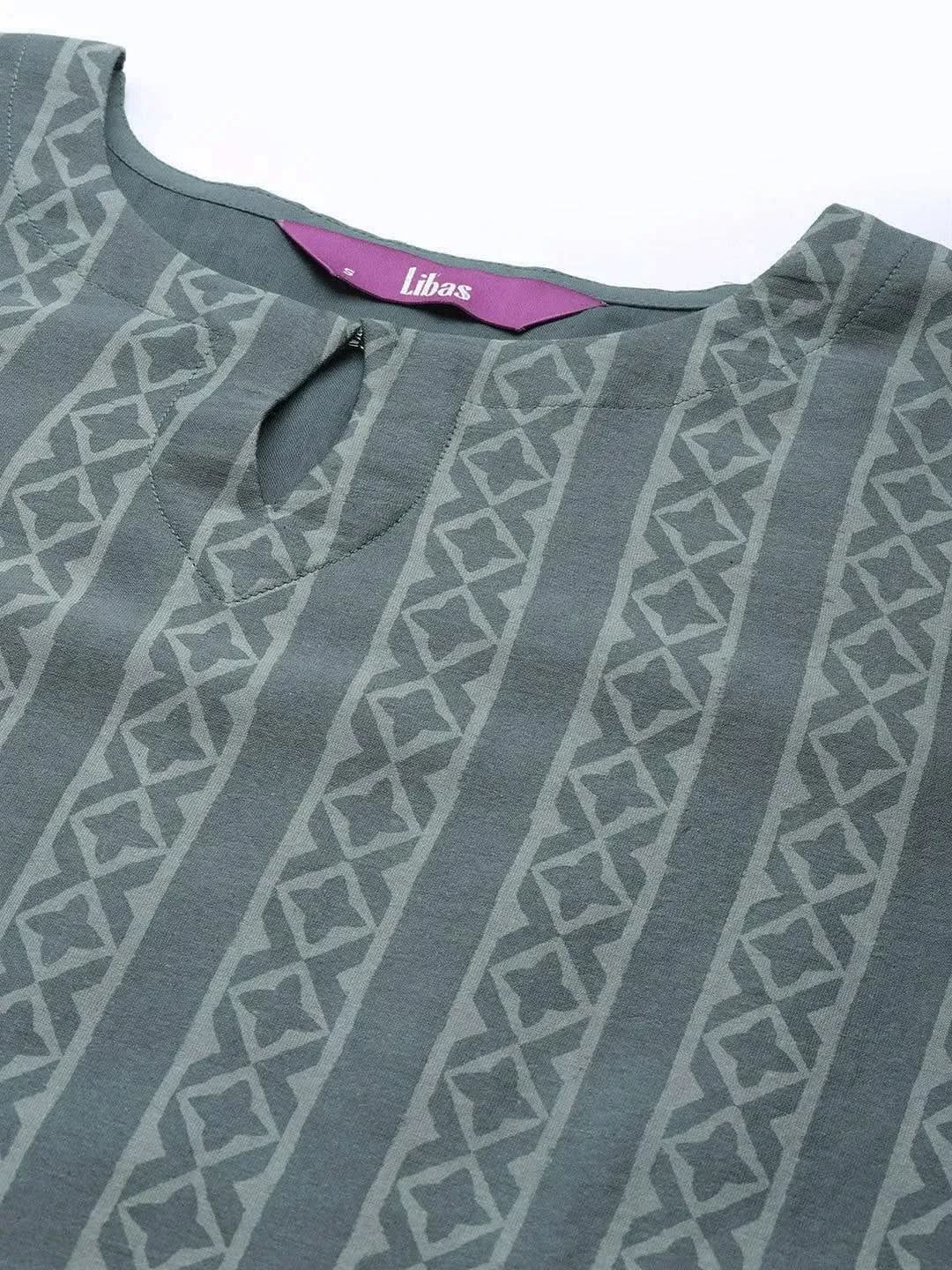 Grey Printed Chanderi Silk Straight Suit Set - Libas