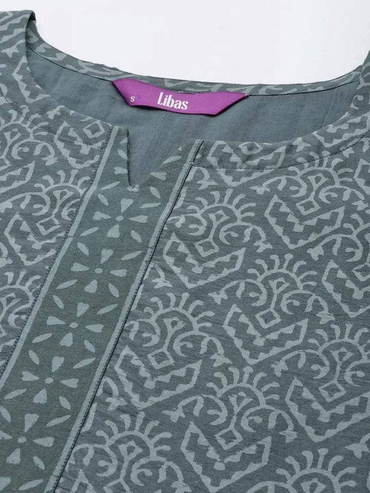 Grey Printed Chanderi Silk Straight Suit Set With Trousers - Libas