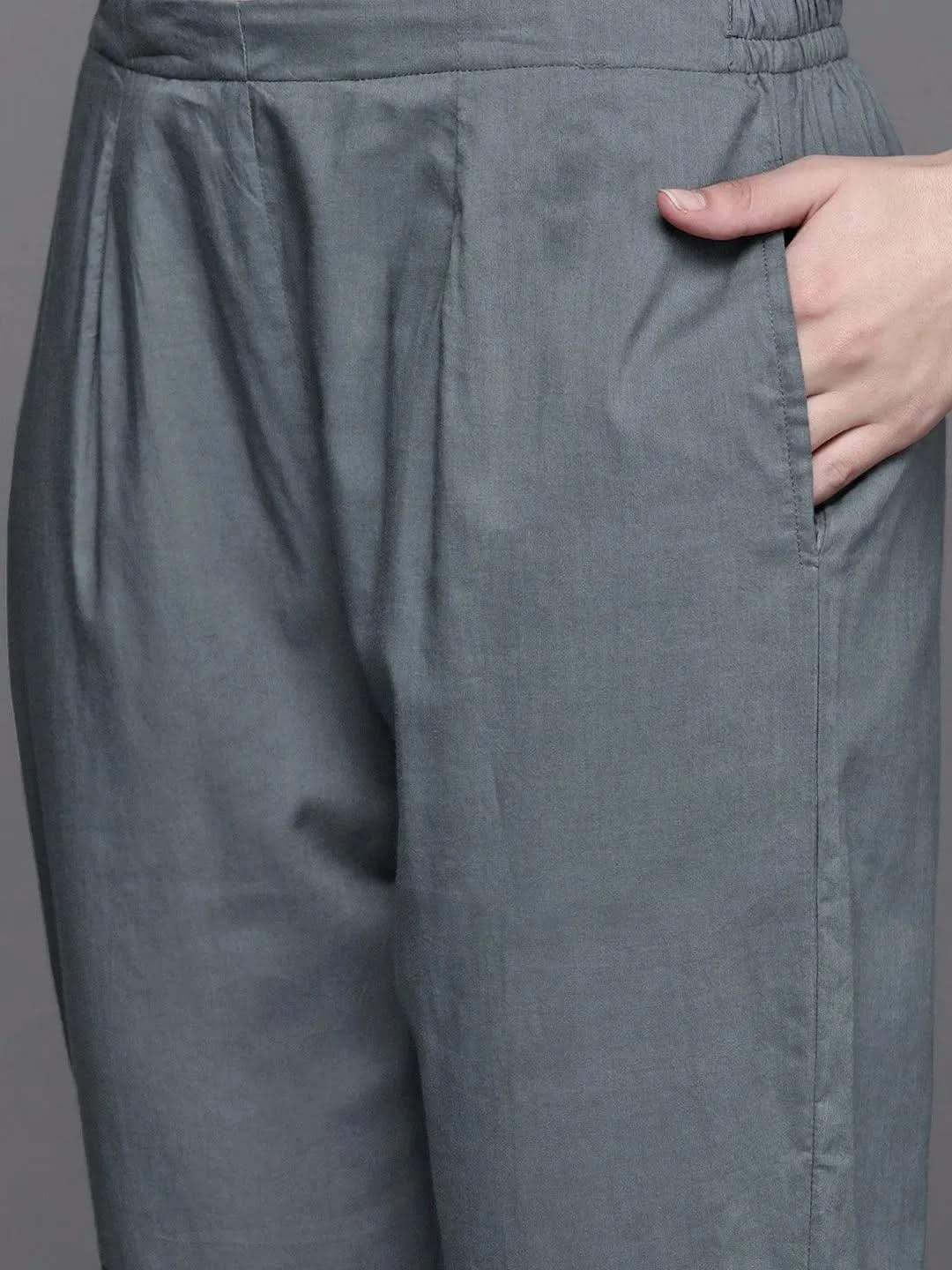 Grey Printed Chanderi Silk Straight Suit Set With Trousers - Libas