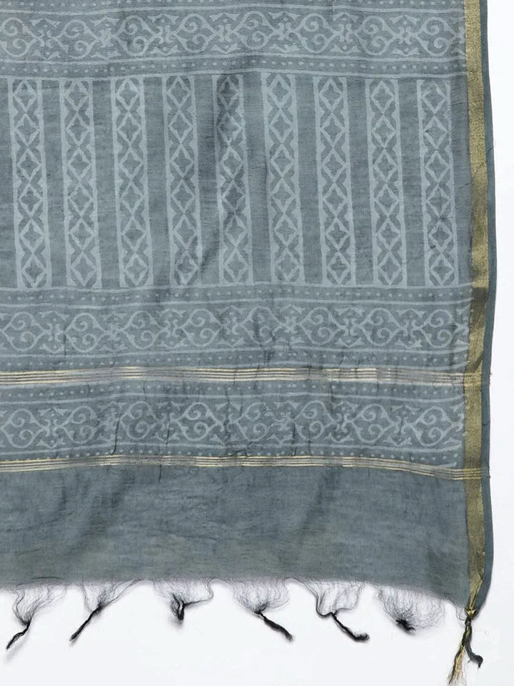 Grey Printed Chanderi Silk Straight Suit Set - Libas