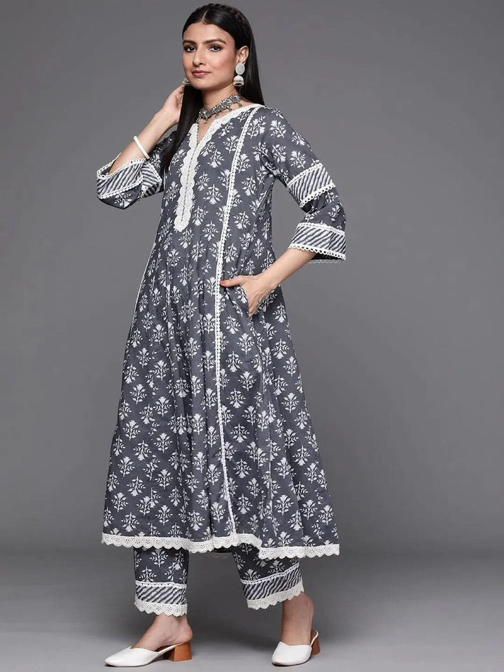 Grey Printed Cotton Suit Set - Libas