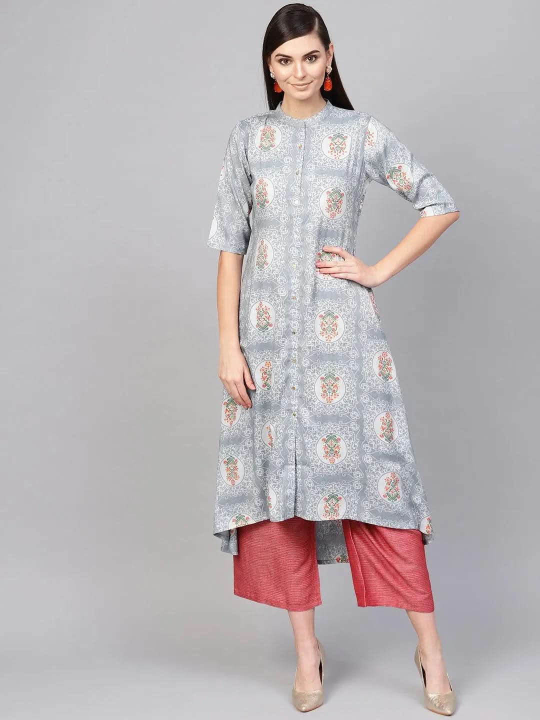 Grey Printed Cotton Blend Kurta Set - Libas