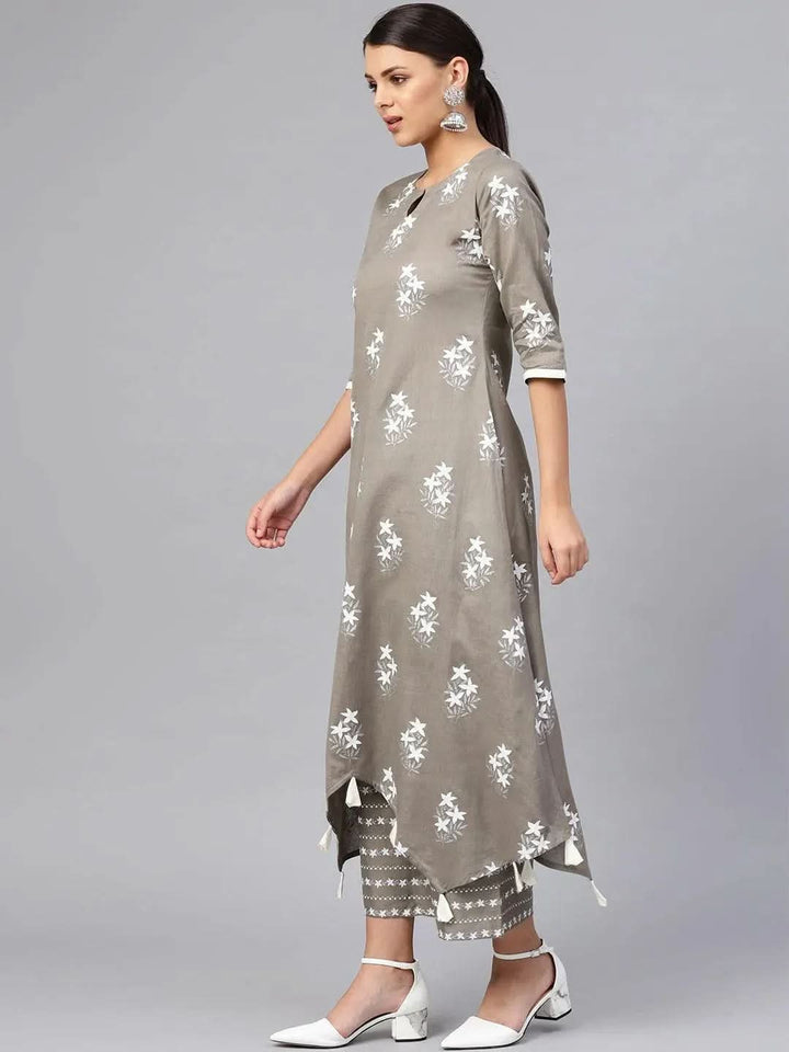 Grey Printed Cotton Kurta Set - Libas