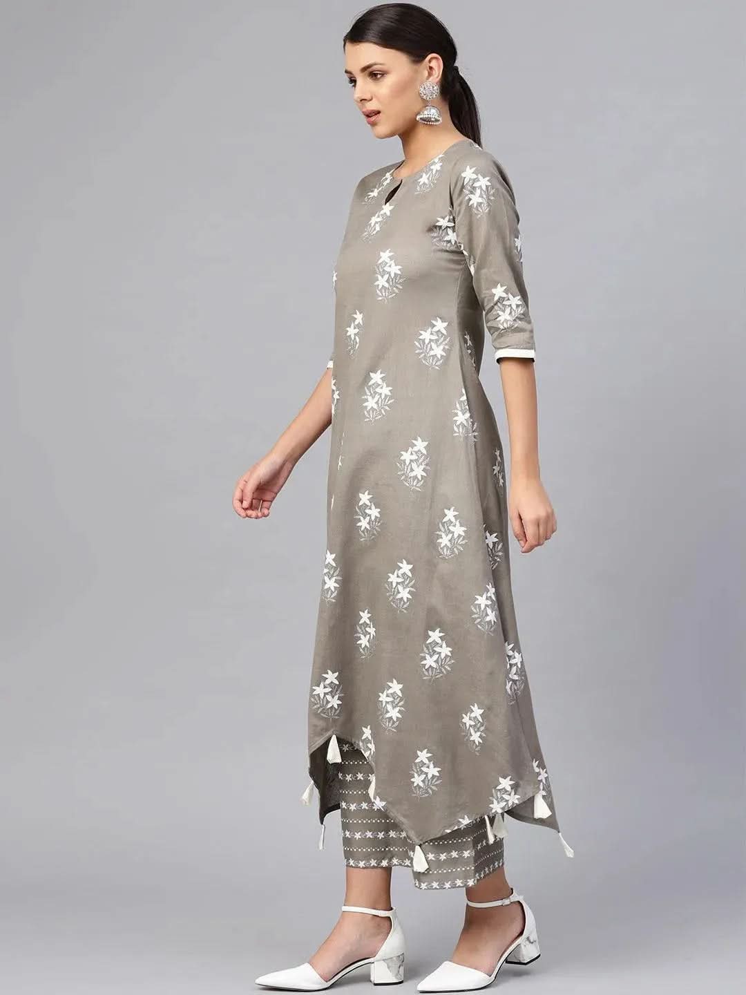 Grey Printed Cotton A-Line Kurta With Palazzos
Grey Printed Cotton A-Line Kurta With Palazzos