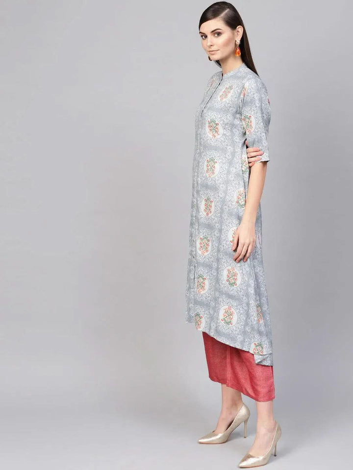 Grey Printed Cotton Blend Kurta Set - Libas