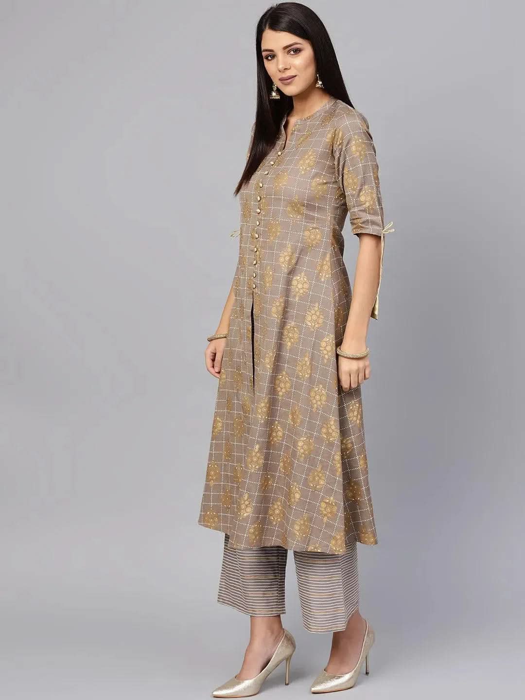 Grey Printed Cotton A-Line Kurta With Palazzos
Grey Printed Cotton A-Line Kurta With Palazzos