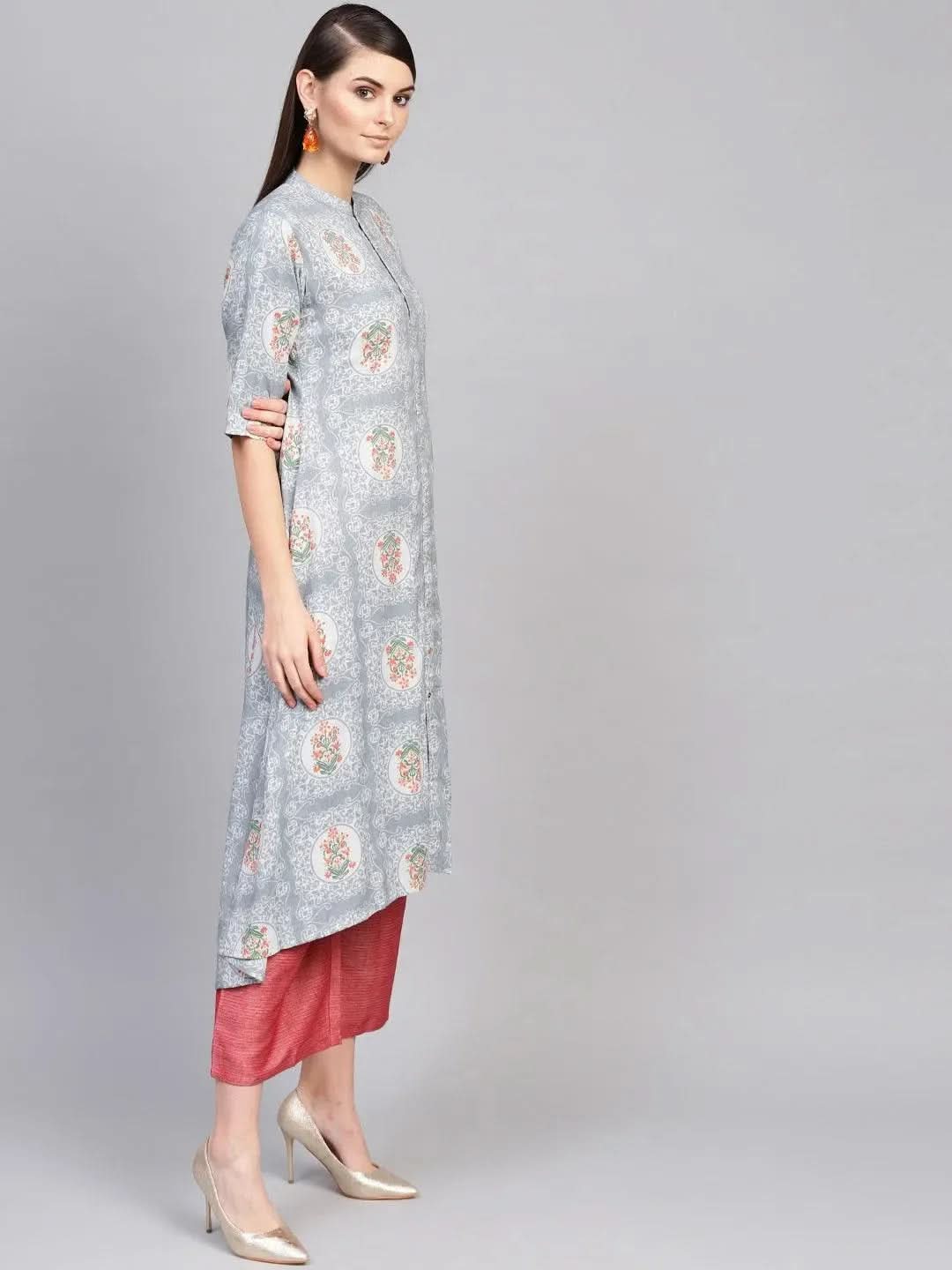 Grey Printed Cotton Blend Kurta Set - Libas