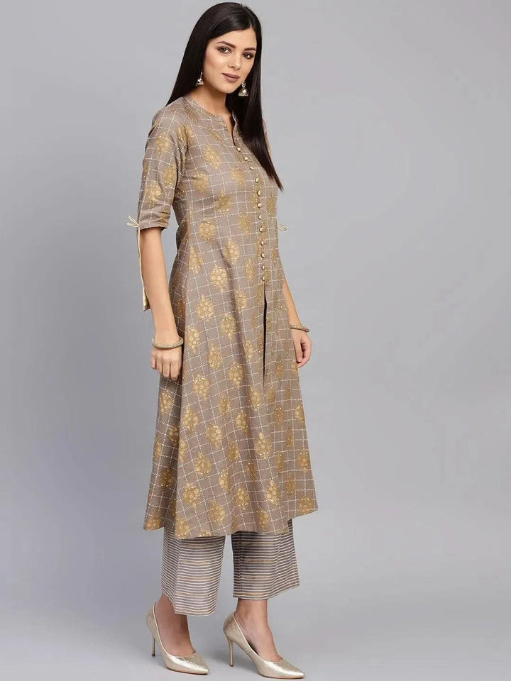 Grey Printed Cotton Kurta Set - Libas