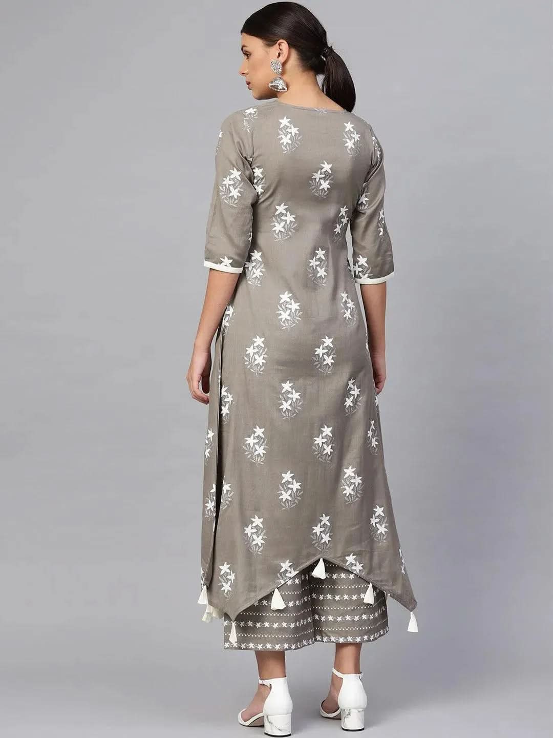 Grey Printed Cotton Kurta Set - Libas