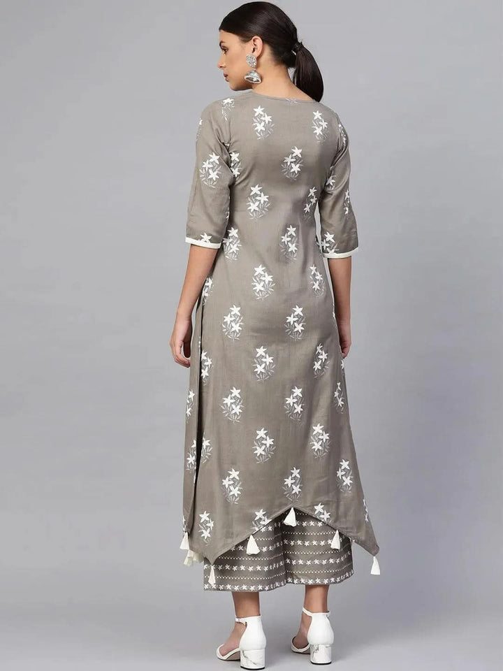 Grey Printed Cotton Kurta Set - Libas