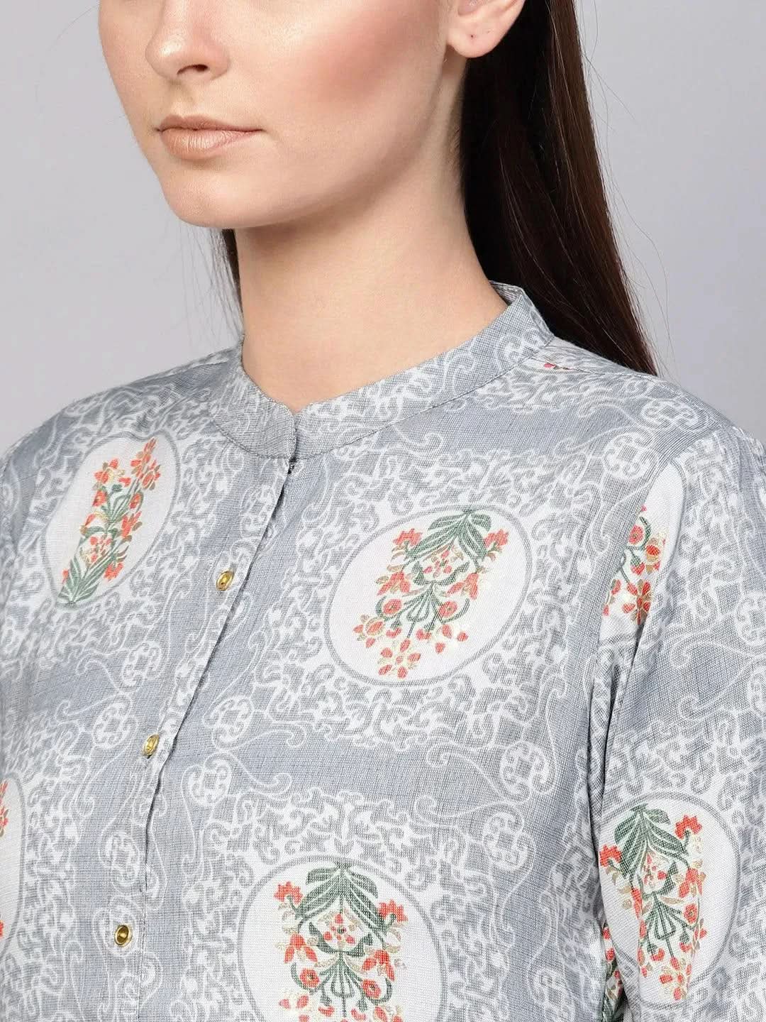 Grey Printed Cotton A-Line Kurta With Palazzos
Grey Printed Cotton A-Line Kurta With Palazzos