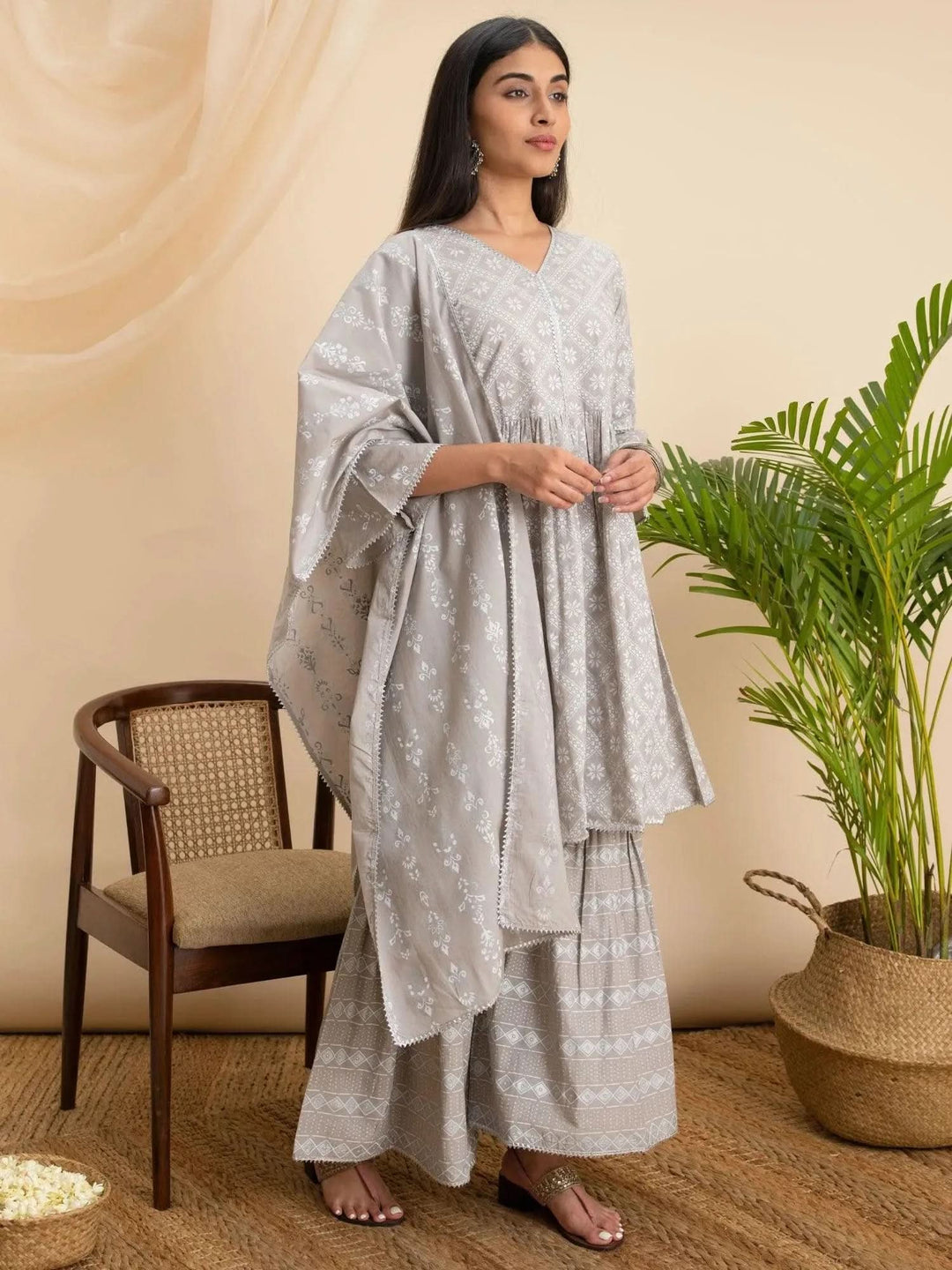 Grey Printed Cotton Suit Set - Libas