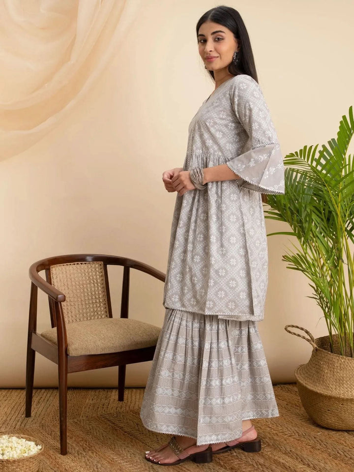 Grey Printed Cotton Suit Set - Libas