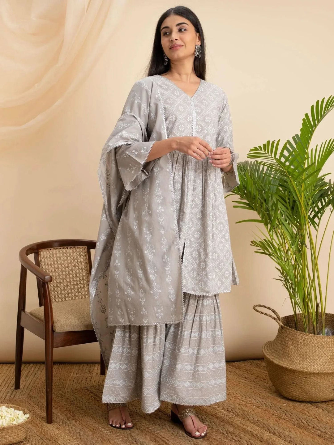 Grey Printed Cotton Suit Set - Libas