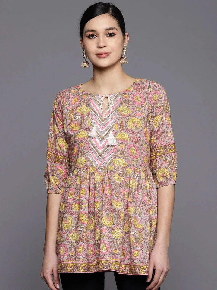 Grey Printed Cotton A-Line Kurti - Libas