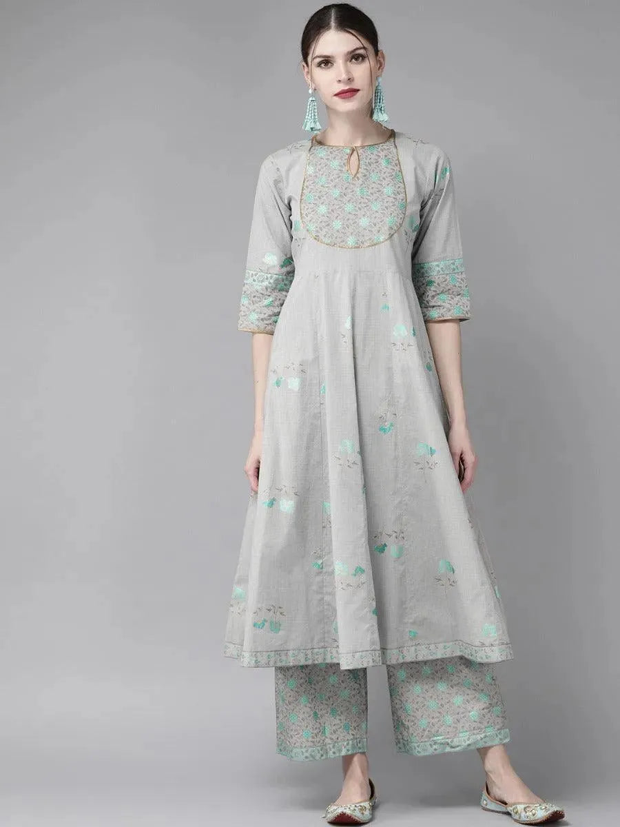 Grey Printed Cotton Kurta Set - Libas