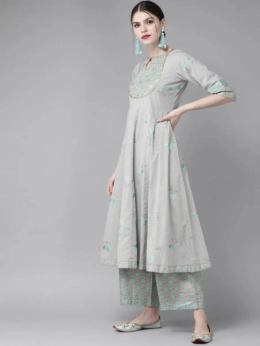 Grey Printed Cotton Kurta Set - Libas