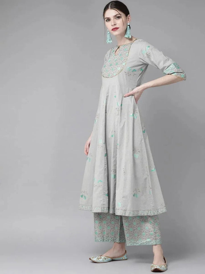 Grey Printed Cotton Kurta Set - Libas
