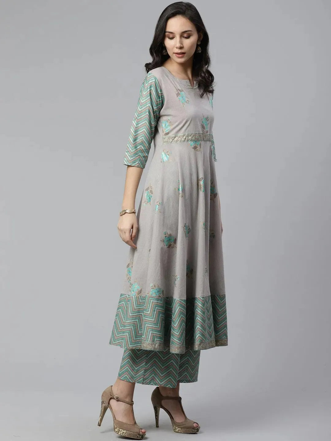 Grey Printed Cotton Kurta Set - Libas