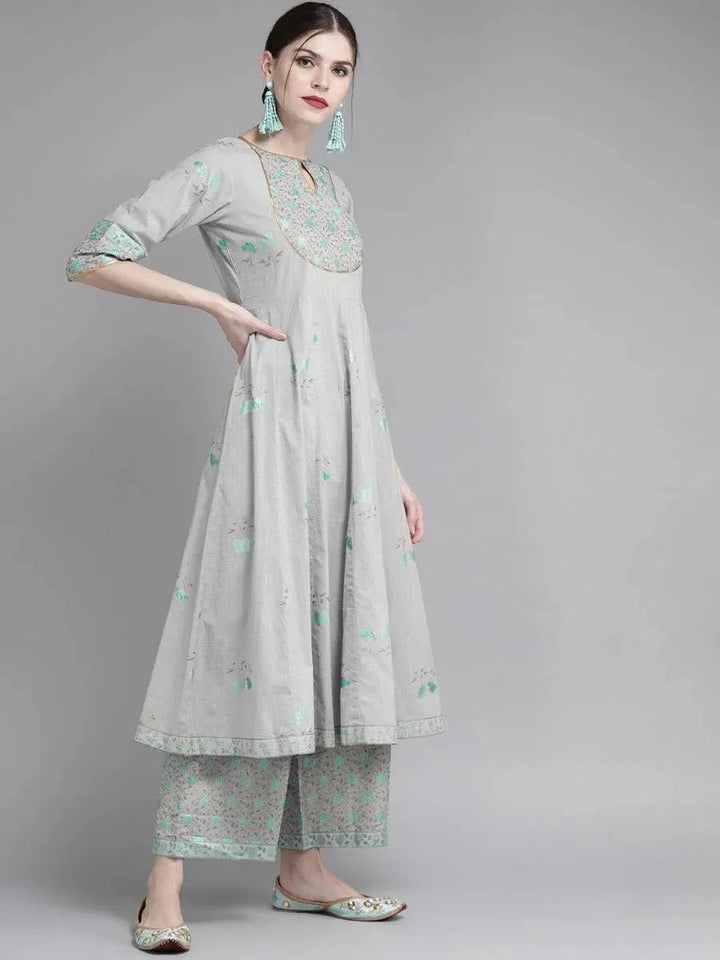 Grey Printed Cotton Kurta Set - Libas