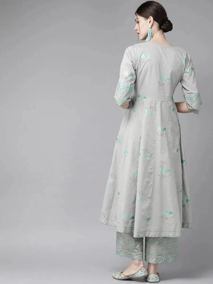 Grey Printed Cotton Kurta Set - Libas