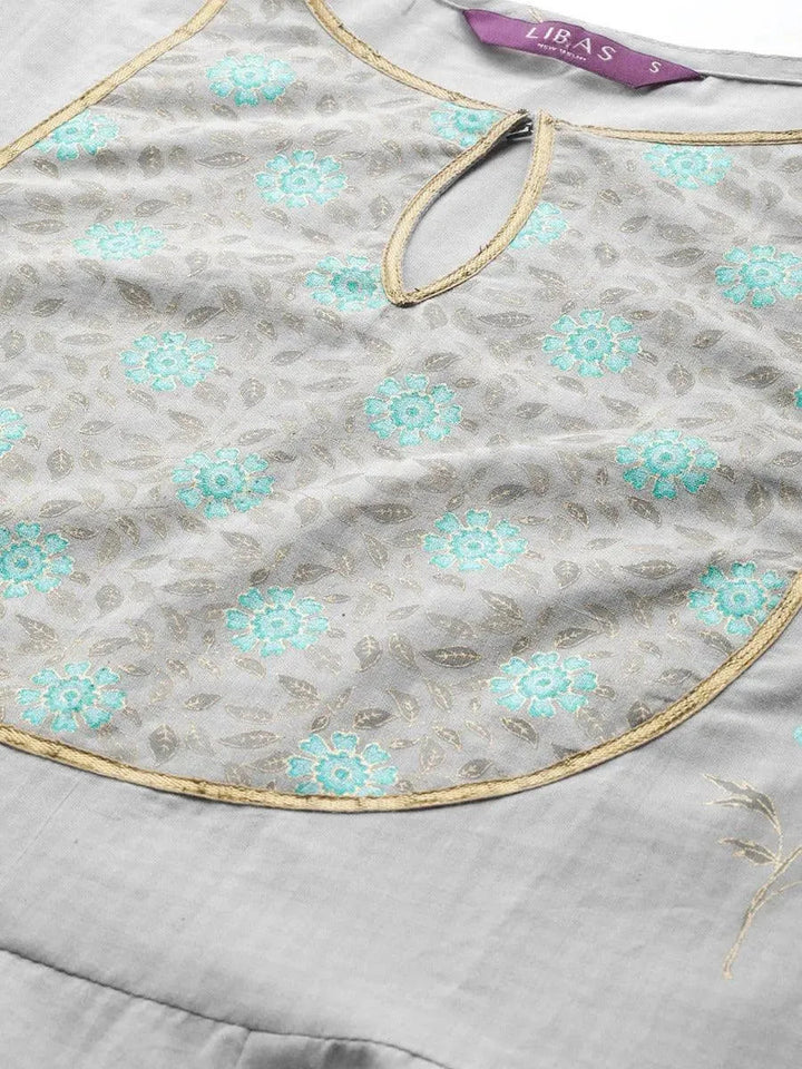 Grey Printed Cotton Kurta Set - Libas