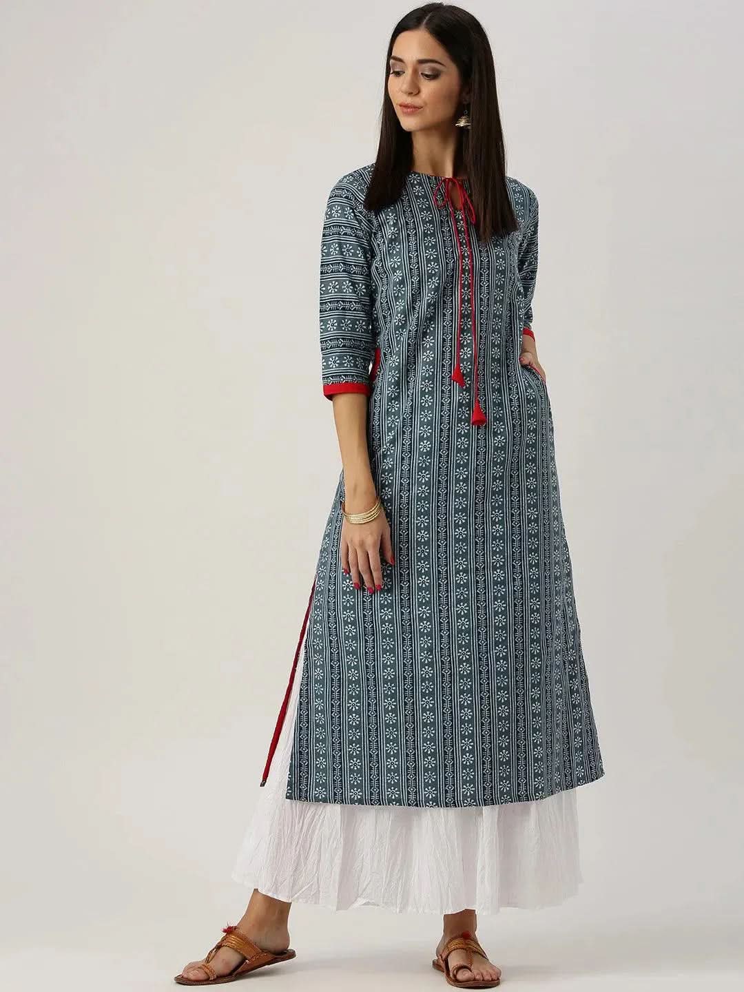 Grey Printed Cotton Kurta - Libas
