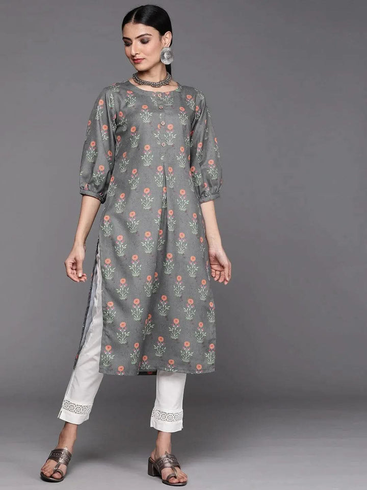 Grey Printed Cotton Kurta - Libas