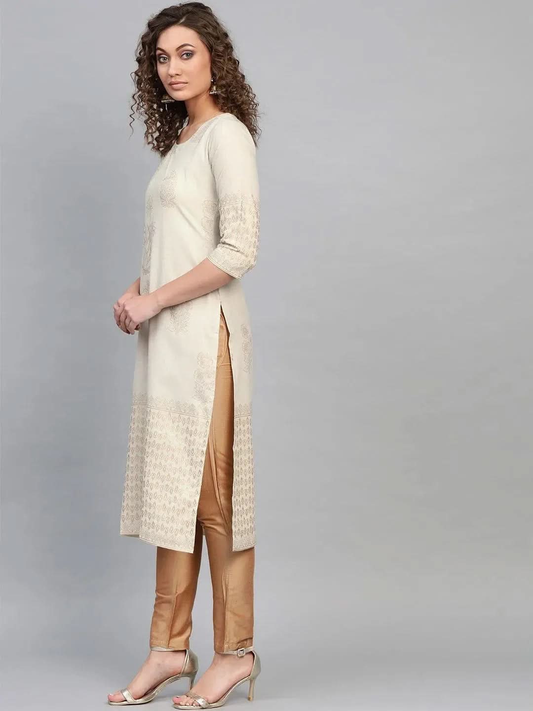 Grey Printed Cotton Kurta - Libas