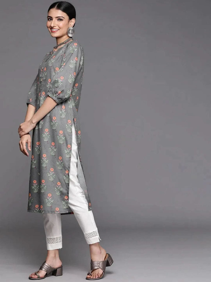 Grey Printed Cotton Kurta - Libas