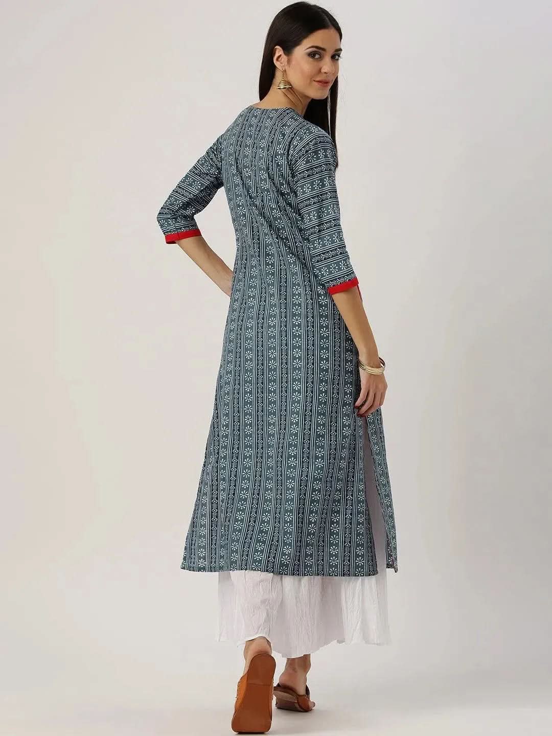 Grey Printed Cotton Kurta - Libas