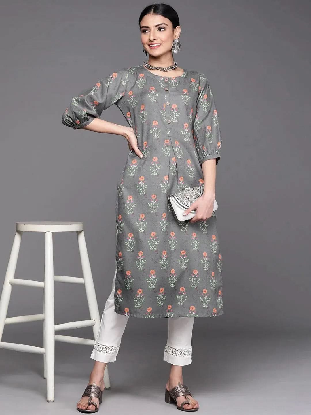 Grey Printed Cotton Kurta - Libas