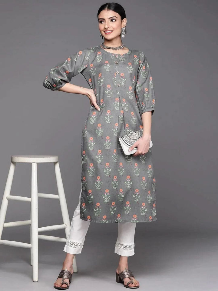 Grey Printed Cotton Kurta - Libas