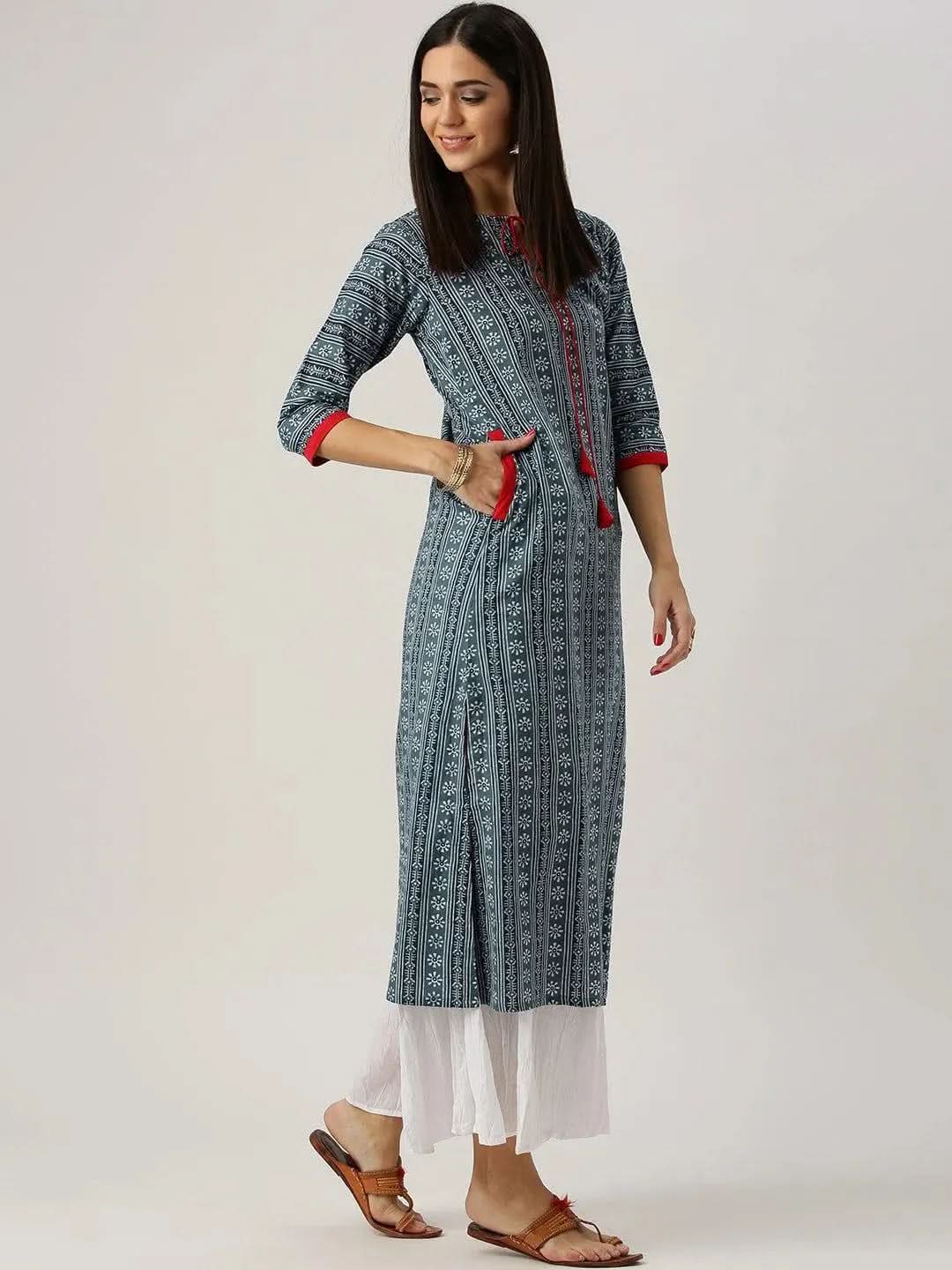 Grey Printed Cotton Kurta - Libas