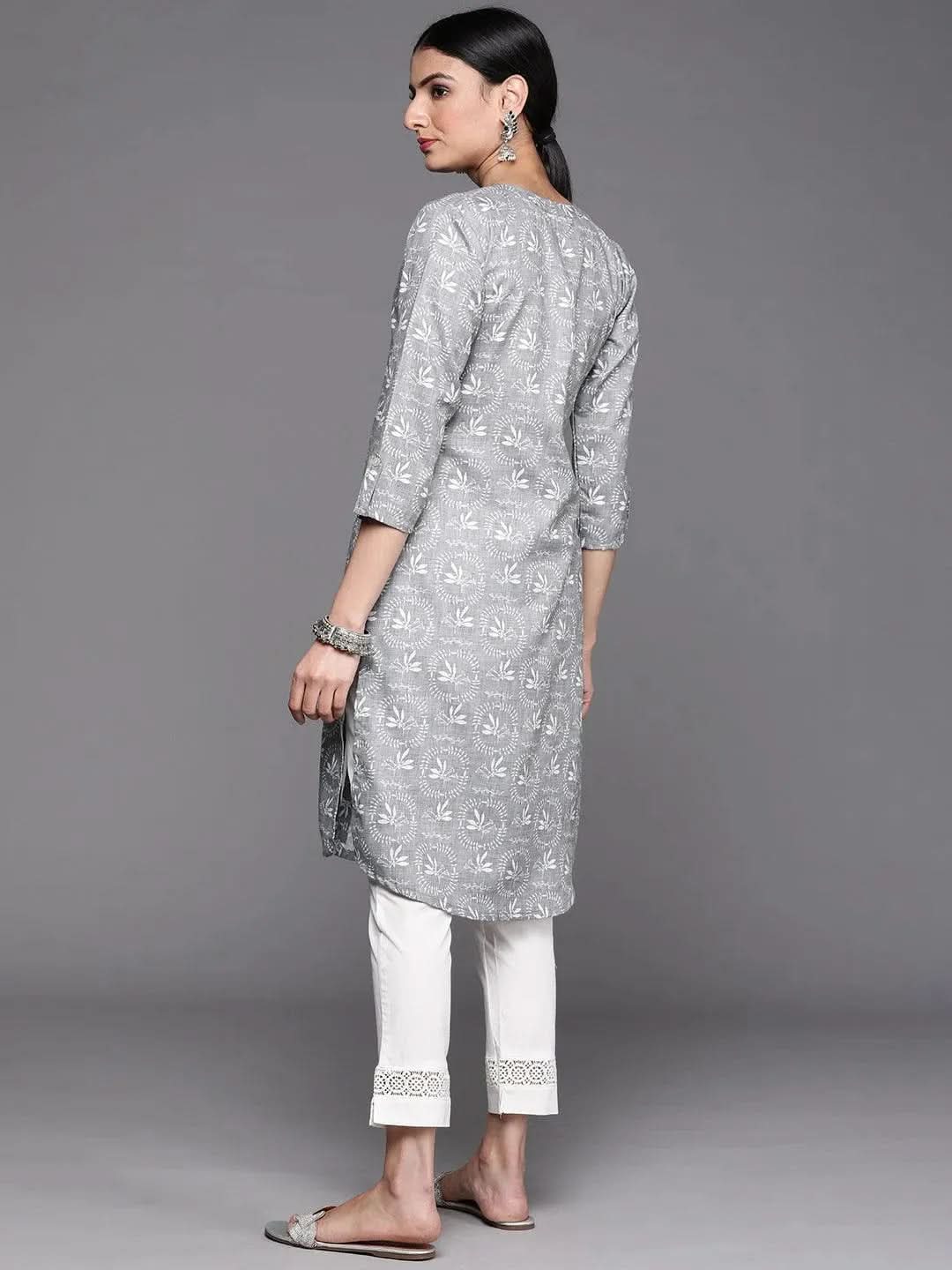 Grey Printed Cotton Kurta - Libas