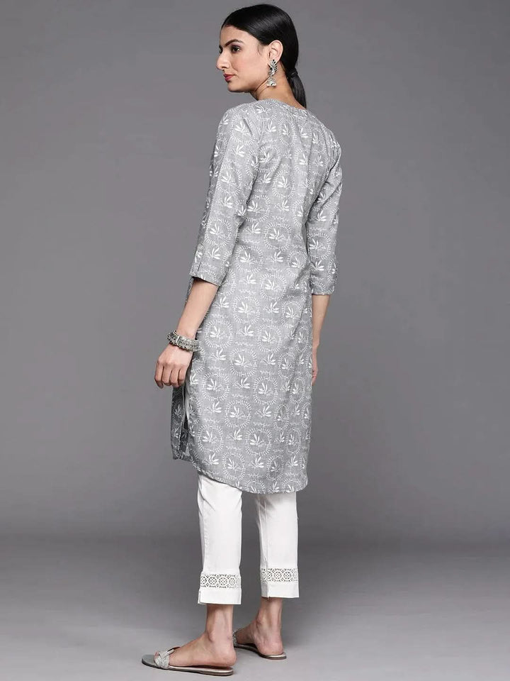 Grey Printed Cotton Kurta - Libas